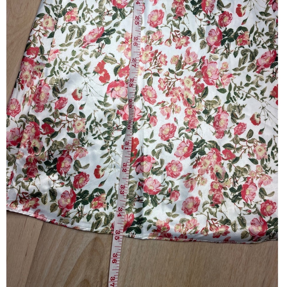 AQUA Floral Satin Slip Dress XS Pink Red Rose Print Ruched Mini Spaghetti Strap - Picture 7 of 9